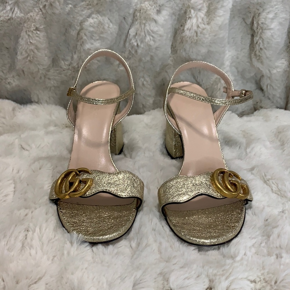Gucci GG Marmont Gold Metallic Block Heel sandals women’s size 36